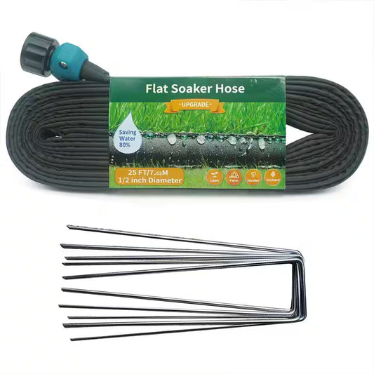 25 Ft Flat Soaker Hose with Stake, Linkable Drip Irrigation System for Garden, Saves 82% Water, Leak-Free Design