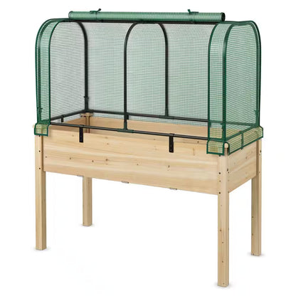 Fir Wood Raised Garden Bed with Greenhouse Waterproof Sun-Protective Green Hot House Green+Natural