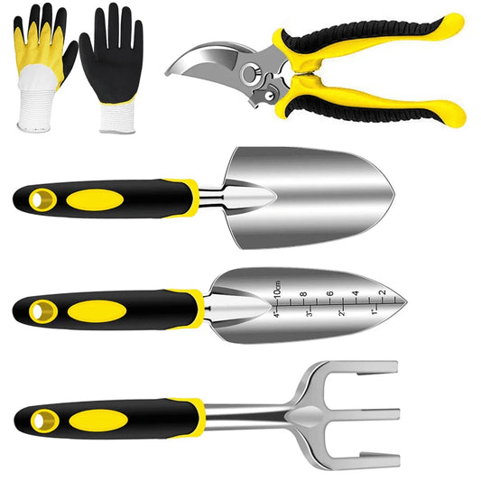 Garden Tools Set 5 Piece Floral Heavy Duty Gardening Tools with Pruning Shears / Hand Trowel / Transplanter / Hand Rake / Gardening Gloves