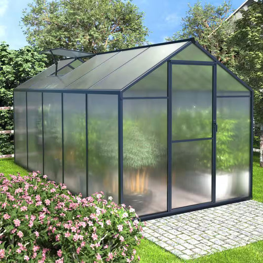 6 Ft. W X 10 Ft. D Polycarbonate Greenhouse for Outdoors, Green House Kit with Adjustable Roof Vent, Gray