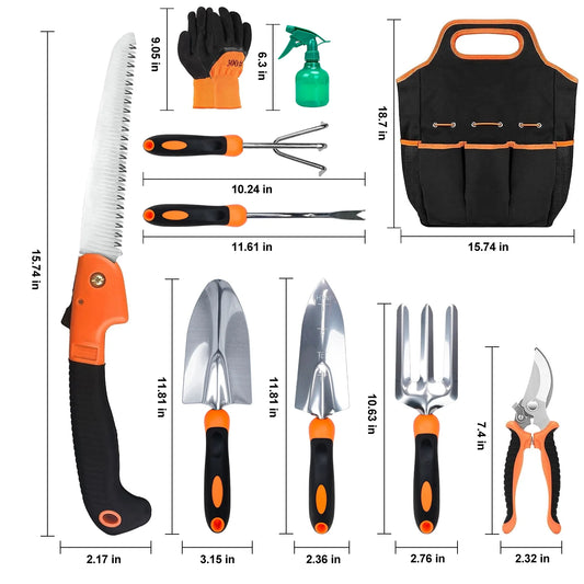 Garden Tool Set, Stainless Steel Heavy Duty Gardening Tool Set, with Non-Slip Rubber Grip, Storage Tote Bag, Outdoor Hand Tools, Ideal Garden Tool Kit Gifts