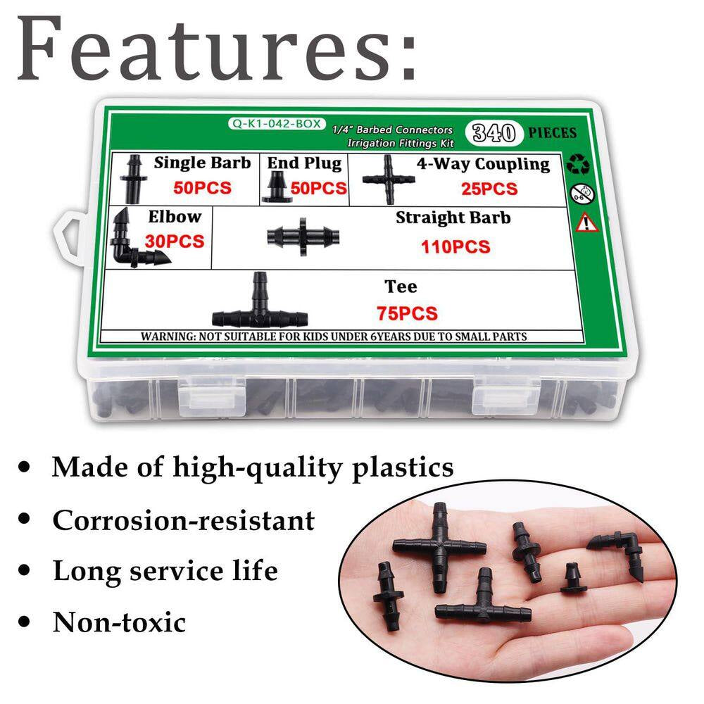 340 Piece 1/4 In. Drip Irrigation Kit with Barbed Connectors for Garden, Lawn, and Flower Pot