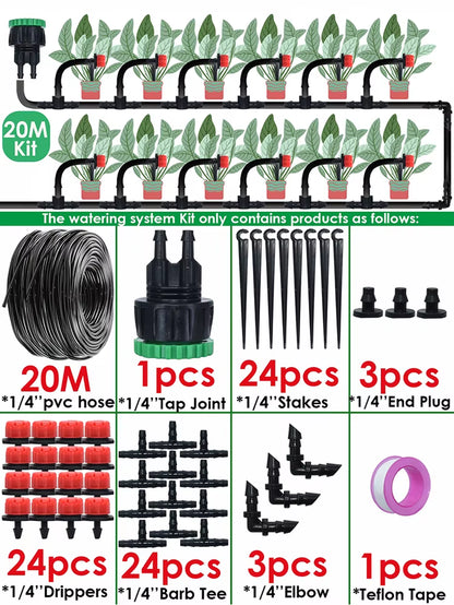Garden Drip Irrigation Automatic Watering System Kit 1/4'' Nozzles for Bonsai Pot Plant Lawn Flower Vegetable Greenhouse