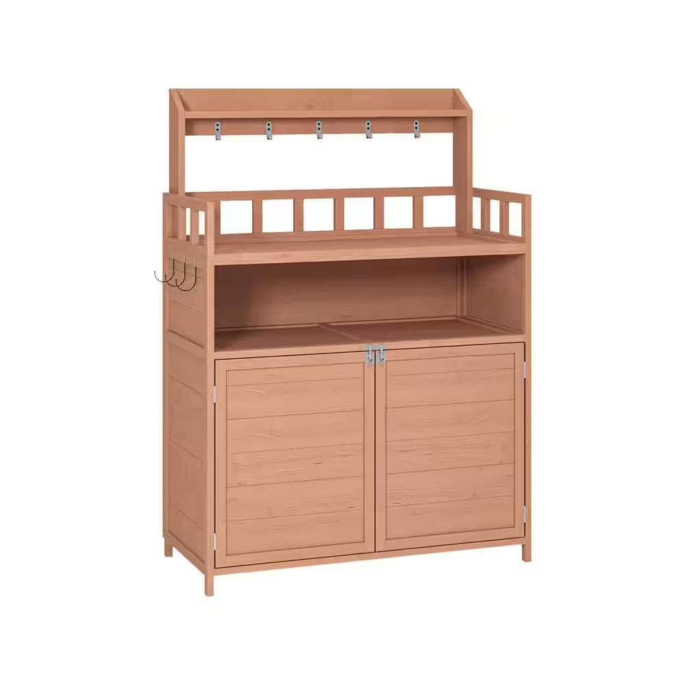 112 Gal. 55.12 In. H X 39.37 In. W X 18.90 In. D Brown Wooden Outdoor Storage Bench Table with Large Storage Cabinet
