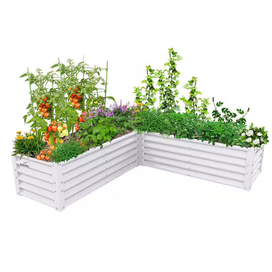 74 In. L-Shaped White Metal Planter Box Raised Garden Bed for Planting Vegetables Flowers