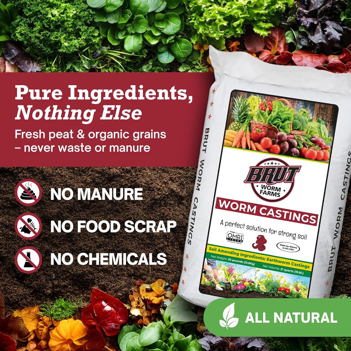 30 LB Organic Worm Castings, Natural Fertilizer for Indoor Outdoor Plants – Compost Soil Control, Mineral-Rich Potting Mix Additive Plant Food for Soil Health and Garden Growth