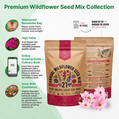 21 Annual Wildflower Seeds Mix, 100,000+ Non-Gmo Heirloom Wildflower Garden Seeds