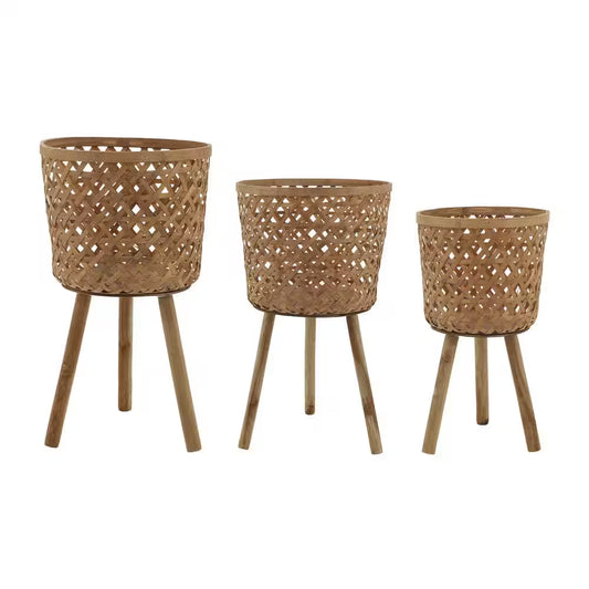 Brown Bamboo round Outdoor Planter for Garden Pool, for Planting and Potting Succulents, 3-Pack