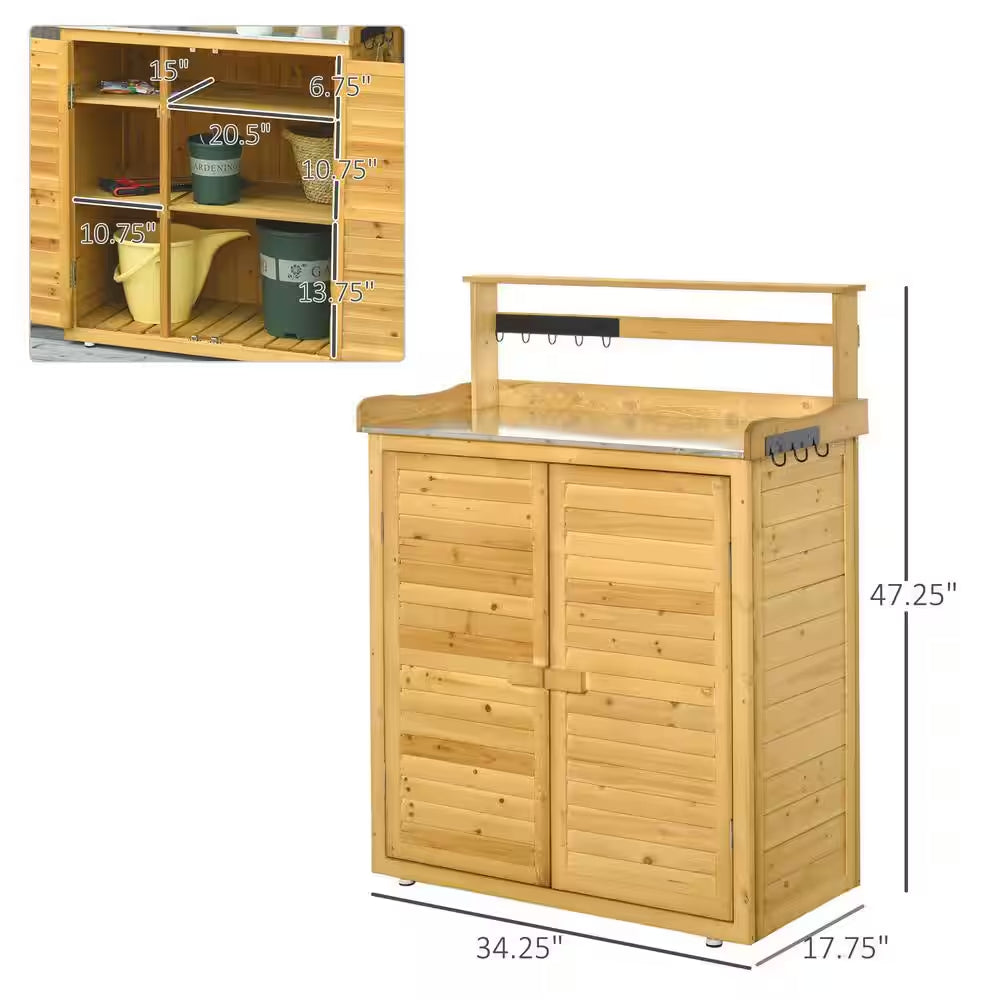 Garden Potting Bench Table Wooden Workstation Shed with Tabletop, Hooks, 3-Tier Shelves Cabinet