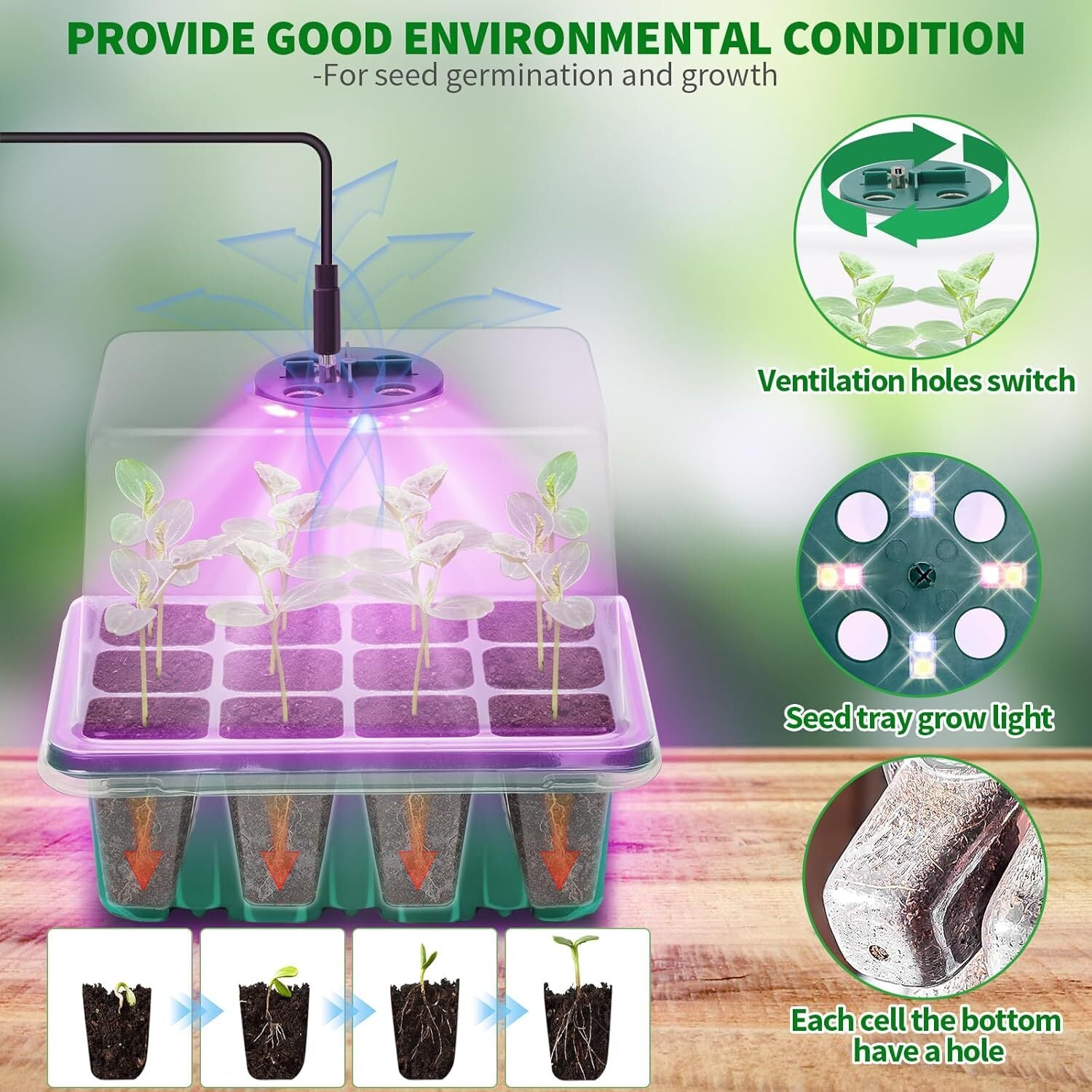 Seed Starter Tray with Plant Light, 4 Pack Grow Lights for Seed Starting Kit Wit