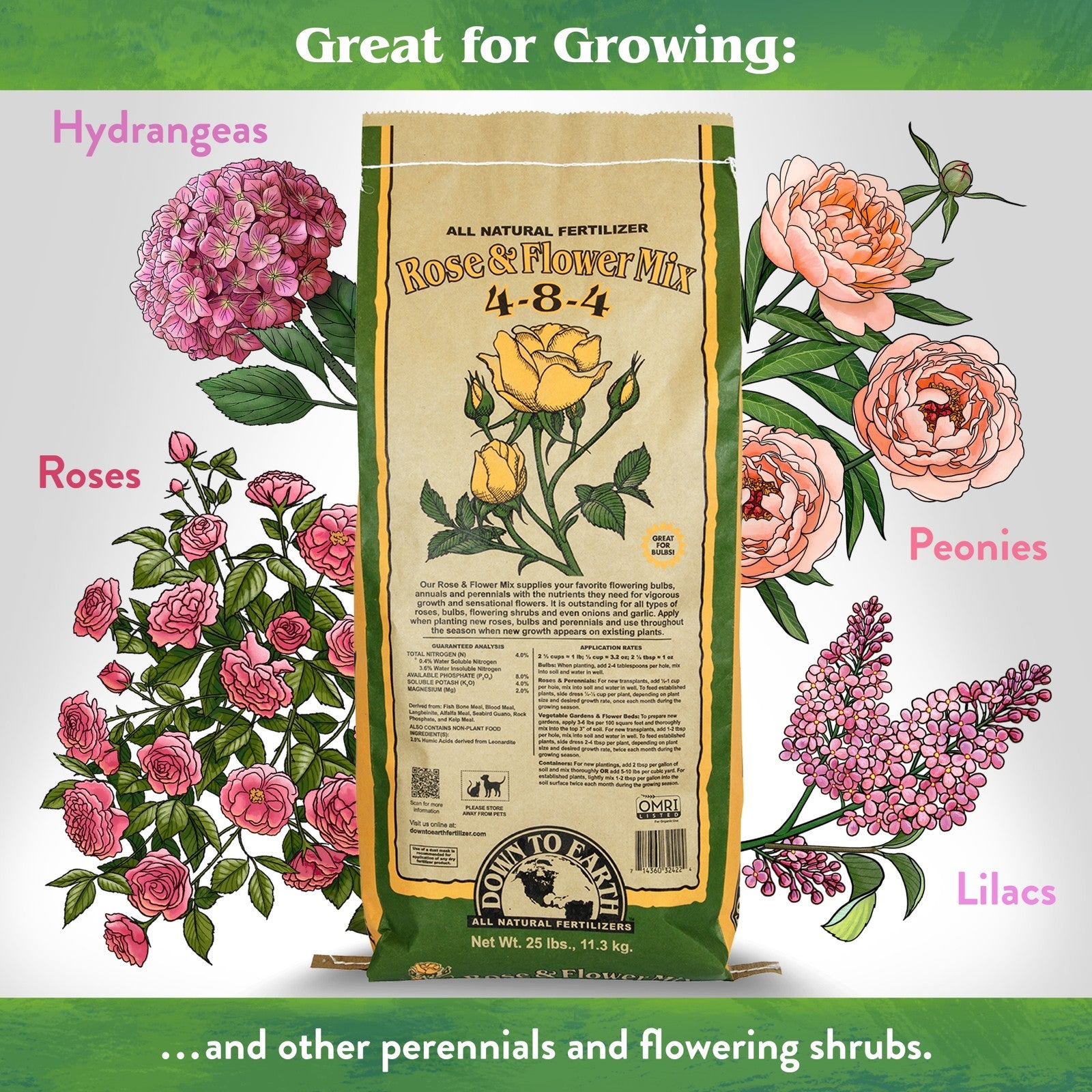 Down to Earth Organic Rose & Flower Fertilizer Mix 4-8-4, 25 Lbs.