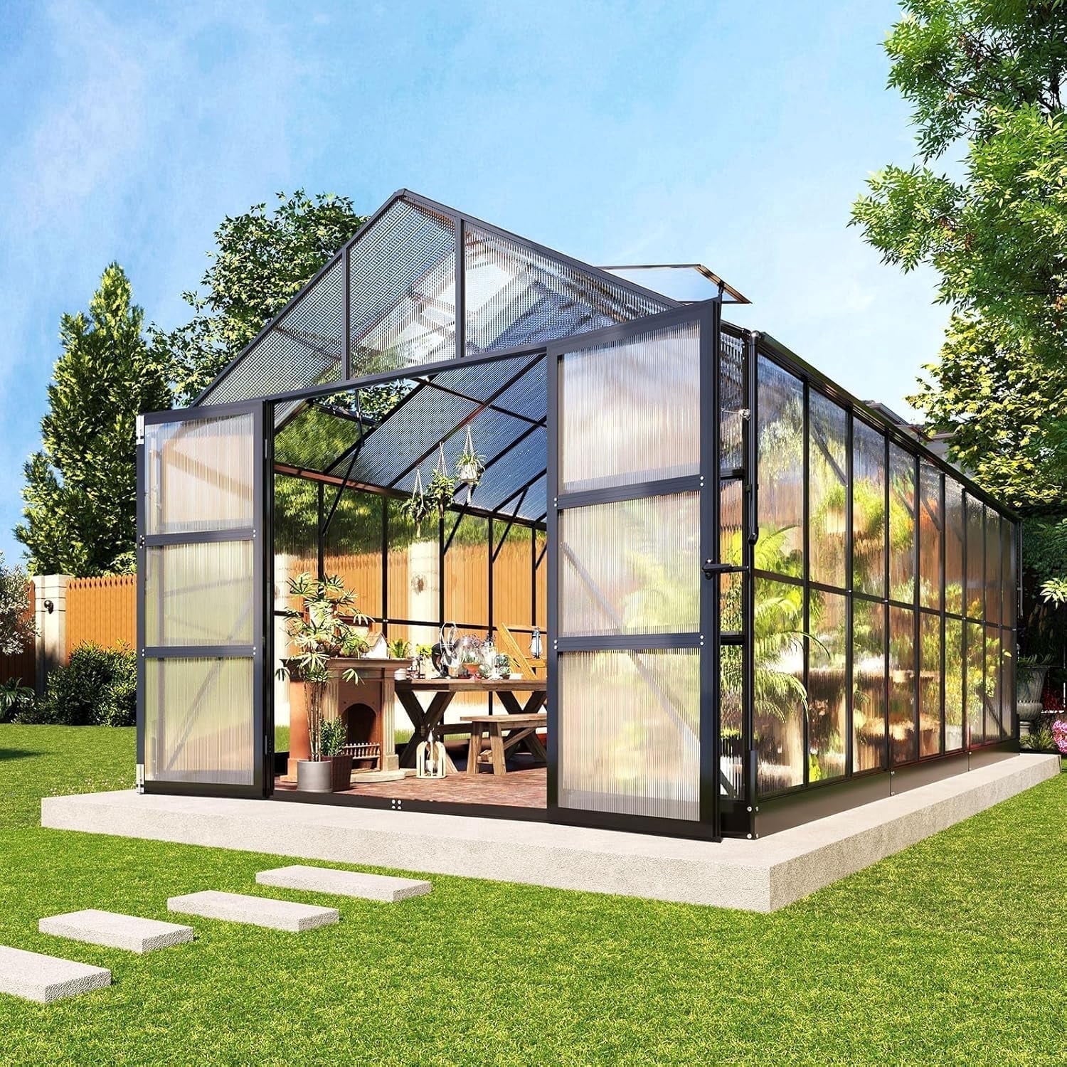 10X18 Ft Polycarbonate Greenhouse with Rain Gutter & 4 Roof Vents, Heavy Duty Aluminum Greenhouse for Outdoor Garden Backyard, Black