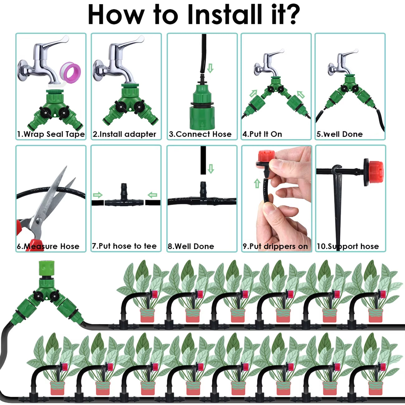 Garden Drip Irrigation Automatic Watering System Kit 1/4'' Nozzles for Bonsai Pot Plant Lawn Flower Vegetable Greenhouse