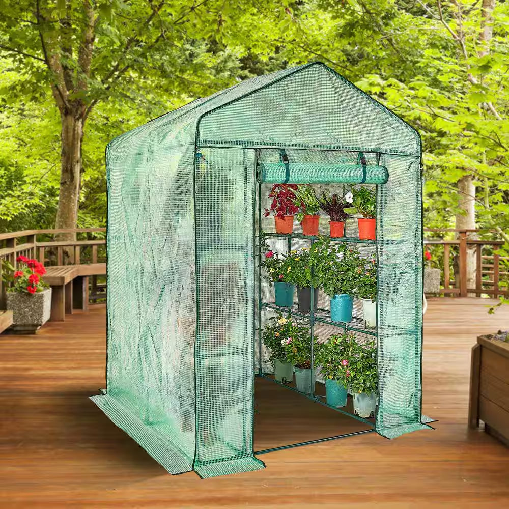4.6 X 4.6 X 6.6 Ft. Walk-In Greenhouse with Shelves, PE Cover, Zipper Door, Steel Frame, for Planting and Storage