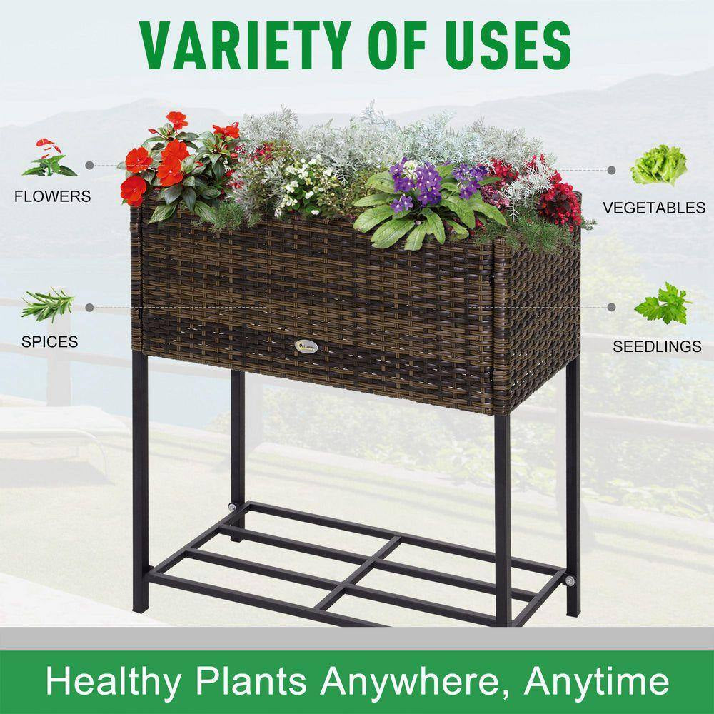 Plastic Raised Garden Bed with Tool Storage Shelf, Elevated Planter Box with Rattan Wicker Look, Portable Design, Brown
