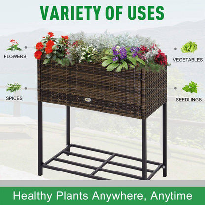 Plastic Raised Garden Bed with Tool Storage Shelf, Elevated Planter Box with Rattan Wicker Look, Portable Design, Brown