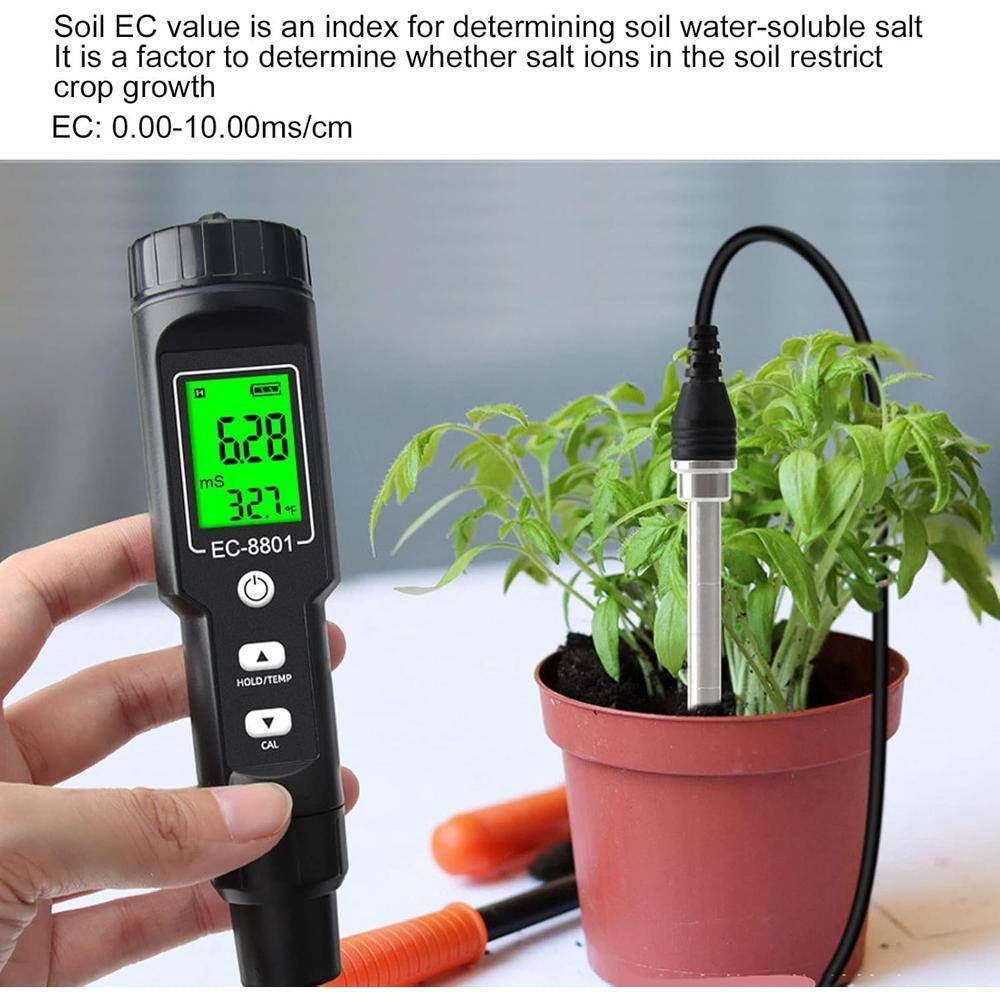 Digital Soil Tester LCD Backlight Display Soil EC Temperature Tester Portable Conductivity Meter for Hydroponics, Black