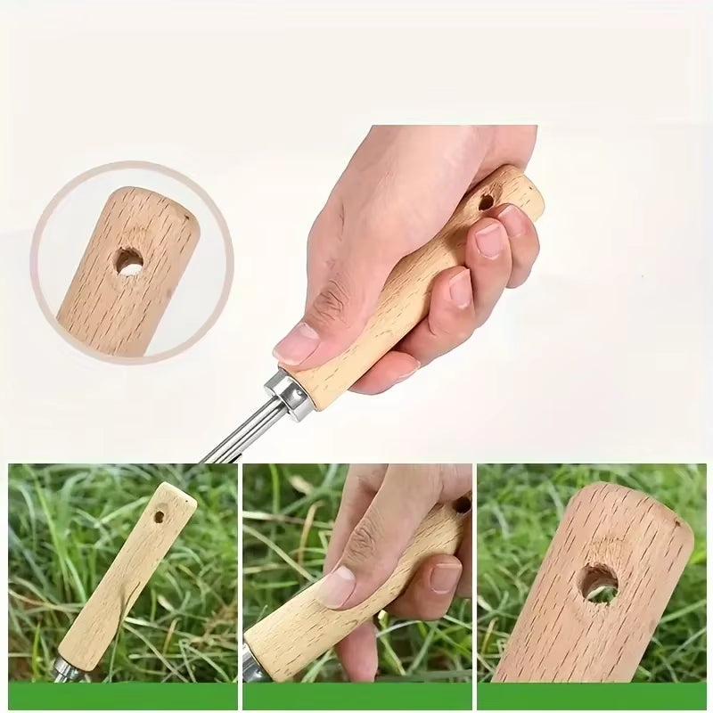 Stainless Steel Wood Handle Garden Weeder , Multifunction Weeder Transplant Garden Tool