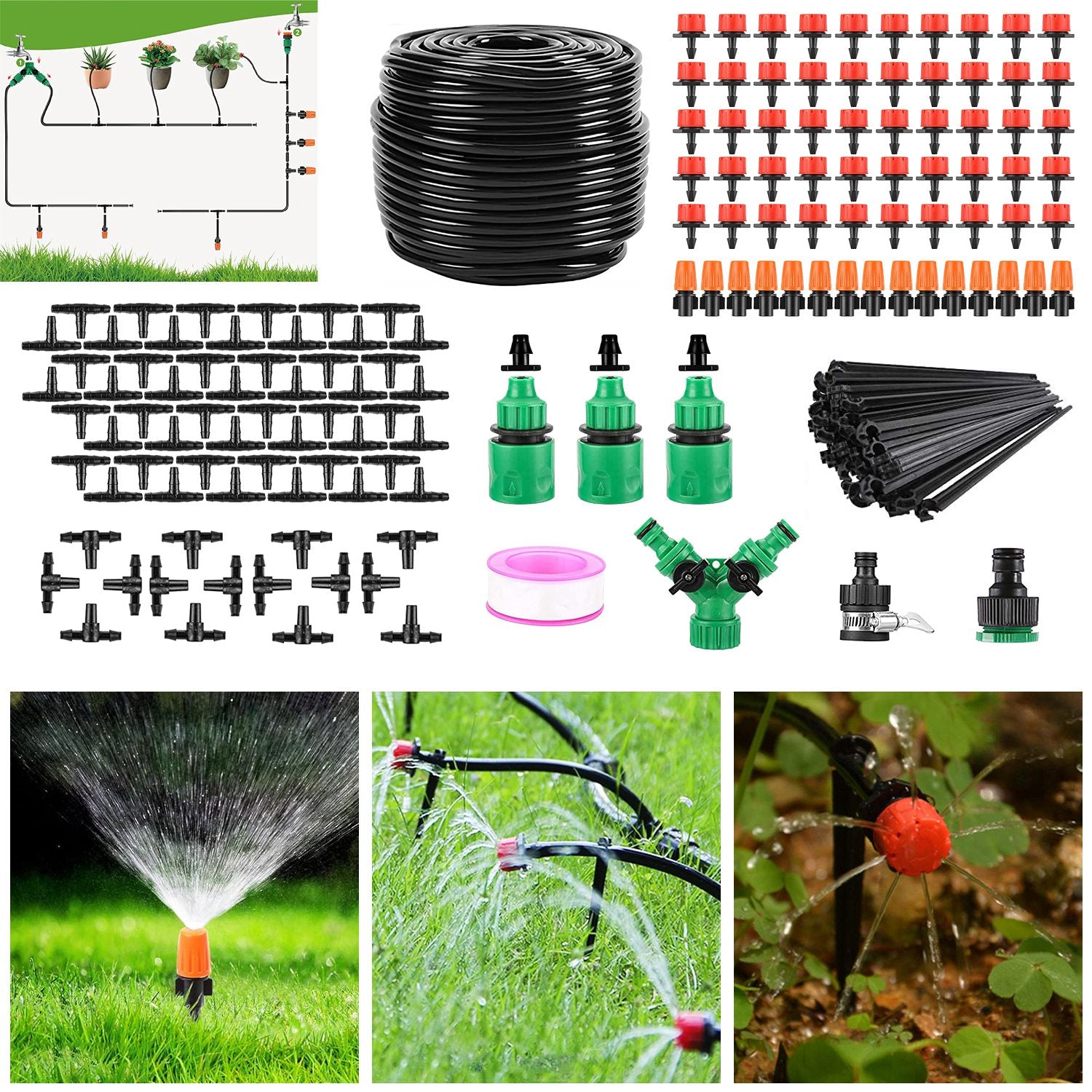 164FT Drip Irrigation Kit for Spring Summer Garden Automatic Garden Irrigation System Misting Plant Watering Drip Kit for Garden Greenhouse Flower Bed Patio Lawn