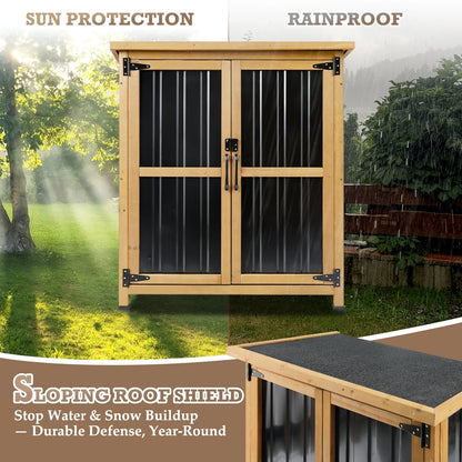 Outdoor Storage Cabinet Wood Storage Shed Waterproof Roof, Double Lockable Doors Garden Shed with Removable Shelves