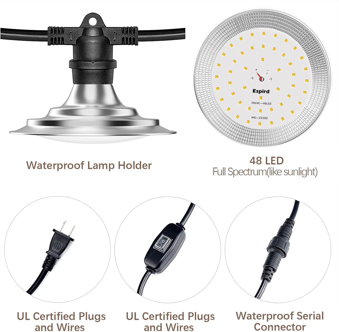 Outdoor LED Grow Lights for Greenhouse 6-Light Waterproof String Grow Light, Full Spectrum LED Plant Grow Light Lamp, Waterproof Greenhouse Grow Lights for Seedling, Veg, Flower