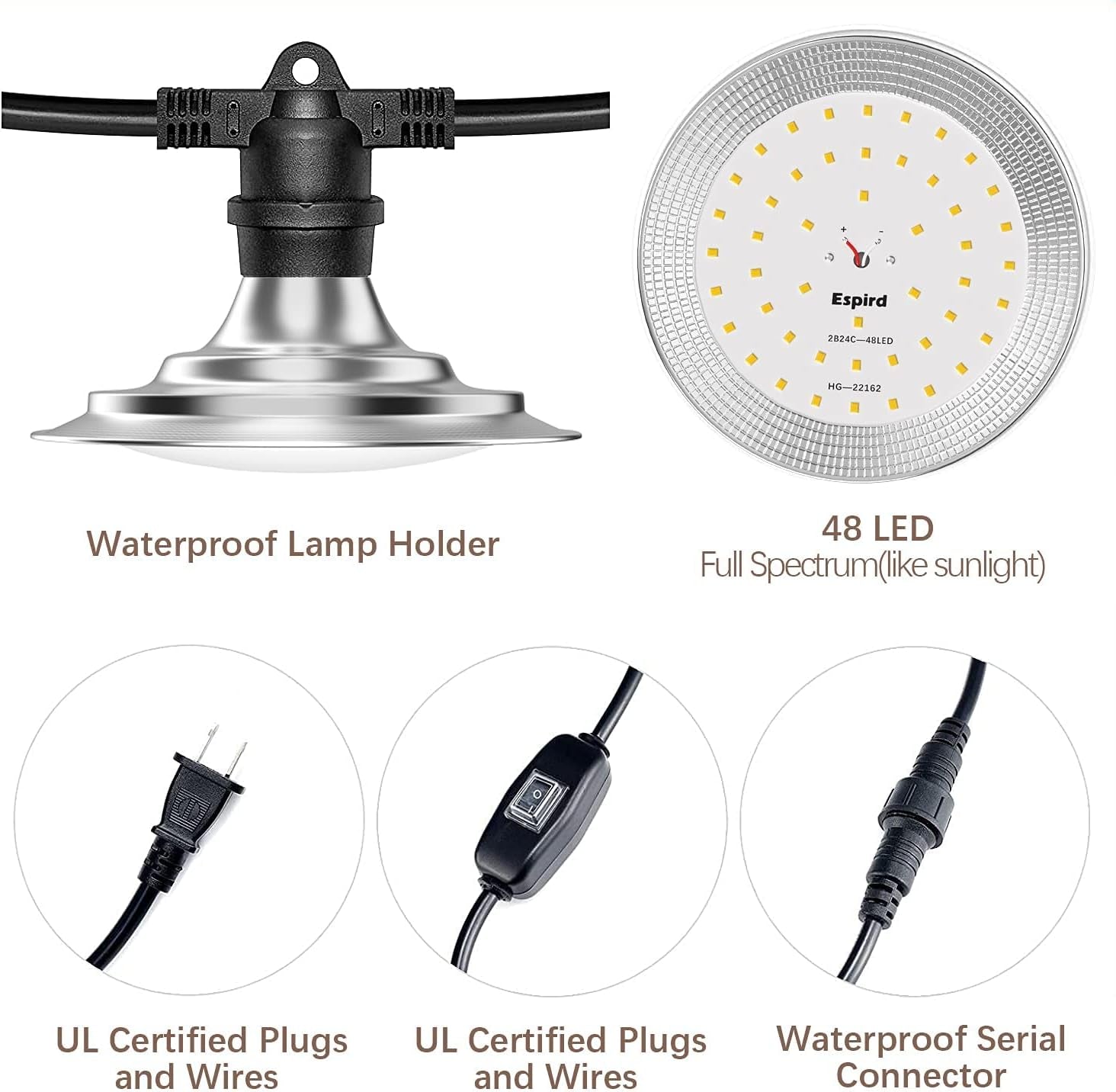 Outdoor LED Grow Lights for Greenhouse 6-Light Waterproof String Grow Light, Full Spectrum LED Plant Grow Light Lamp, Waterproof Greenhouse Grow Lights for Seedling, Veg, Flower