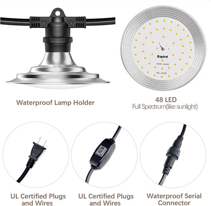 Outdoor LED Grow Lights for Greenhouse 6-Light Waterproof String Grow Light, Full Spectrum LED Plant Grow Light Lamp, Waterproof Greenhouse Grow Lights for Seedling, Veg, Flower