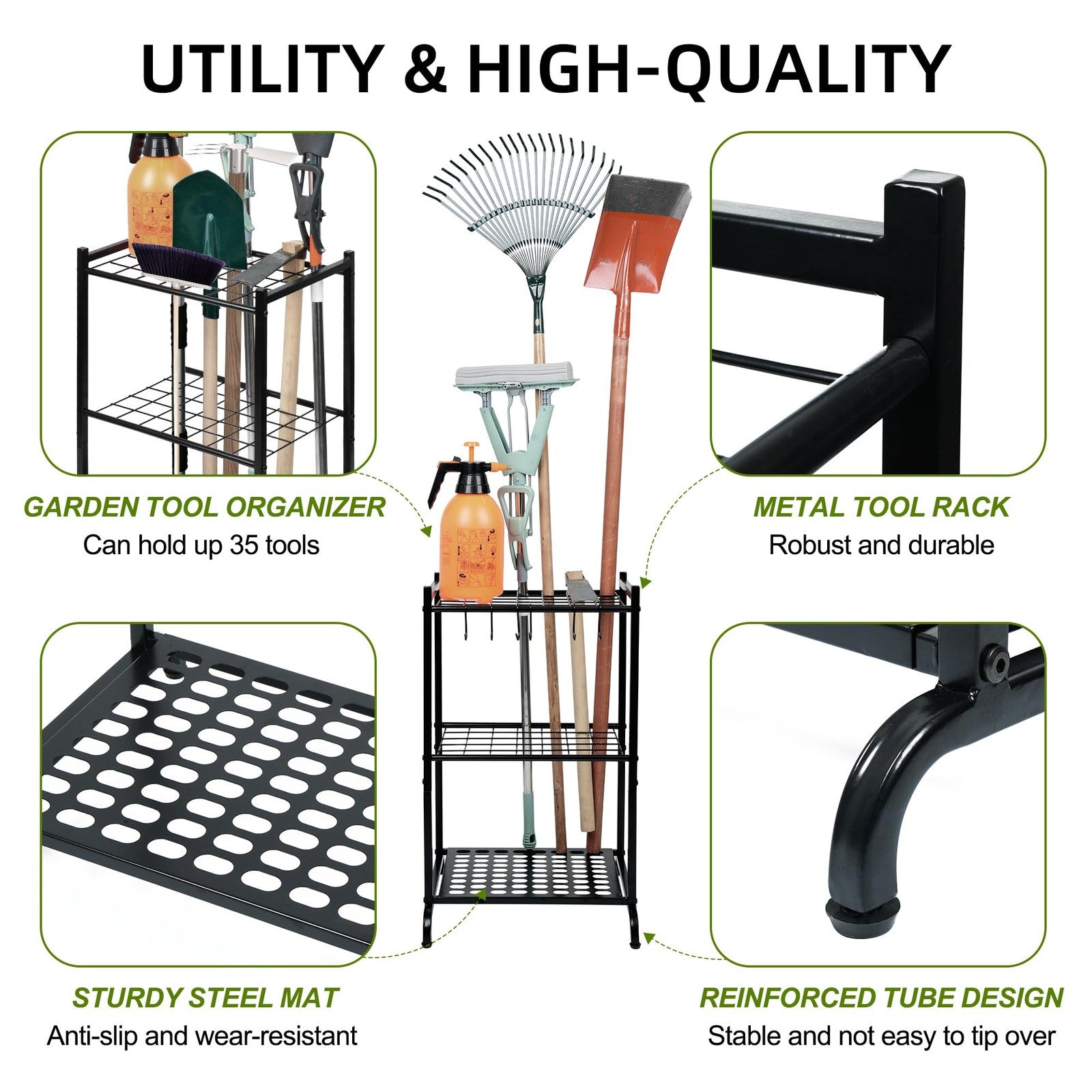 Garden Tool Organizer with Storage Hooks Yard Tower Rack for Garage Organization