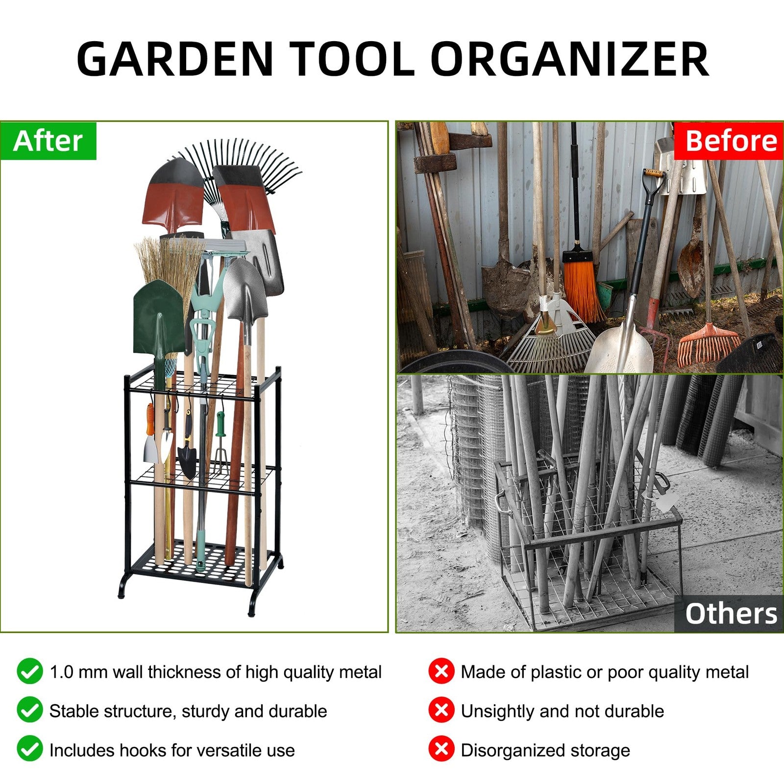 Garden Tool Organizer with Storage Hooks Yard Tower Rack for Garage Organization