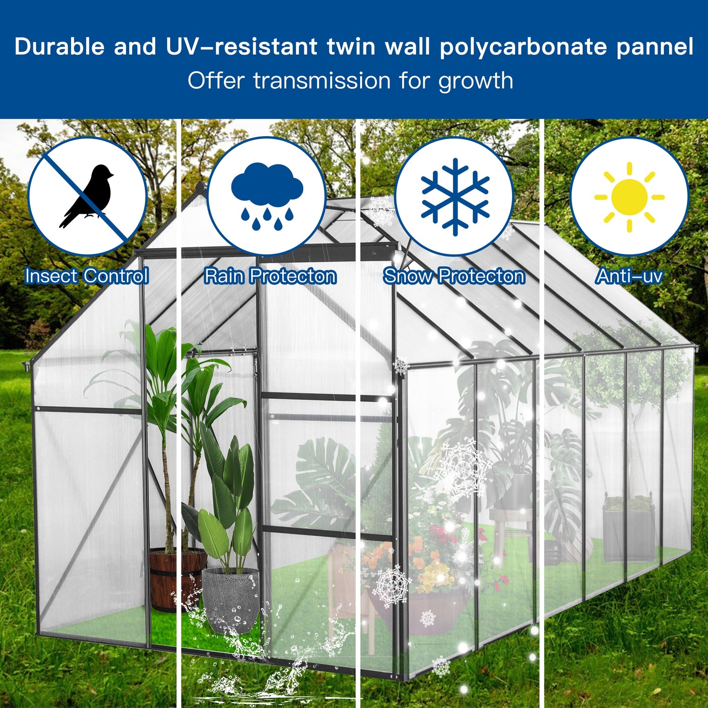 Walk in Greenhouse, Garden Greenhouse for Outdoors, Upgraded Polycarbonate Plant Greenhouse with Sliding Door, Adjustable Roof Vent, 6X12Ft, TE3067