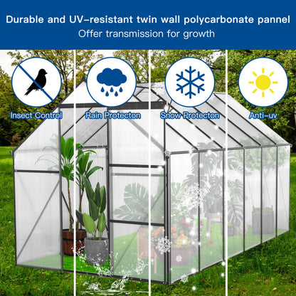 Walk in Greenhouse, Garden Greenhouse for Outdoors, Upgraded Polycarbonate Plant Greenhouse with Sliding Door, Adjustable Roof Vent, 6X12Ft, TE3067