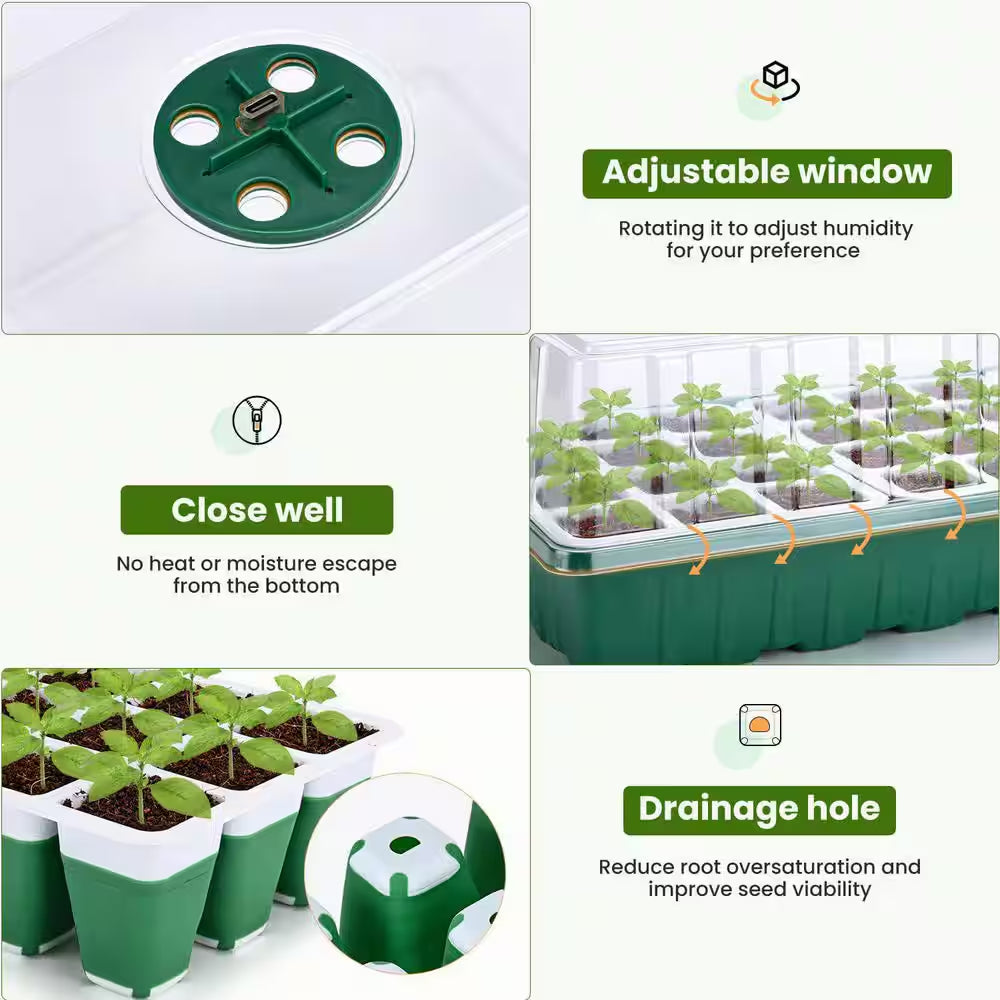 Seed Starter Tray with Grow Lights, 72 Cells Silicone Seed Starter Kit with Humidity Dome, 3 Lights, 2-Pack