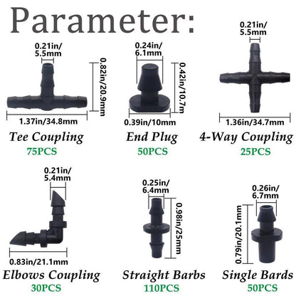 340 Piece 1/4 In. Drip Irrigation Kit with Barbed Connectors for Garden, Lawn, and Flower Pot