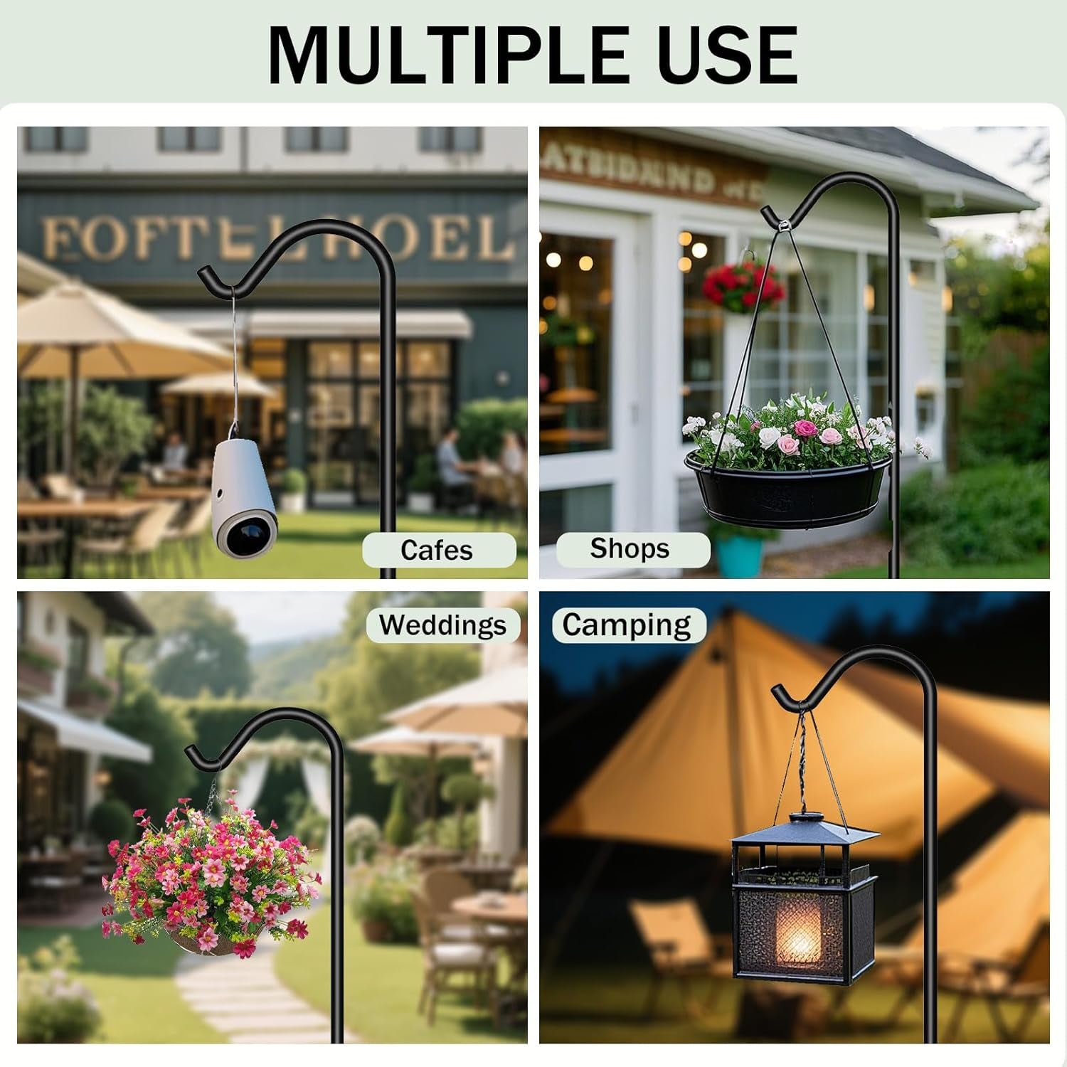 4 Pack Solid Shepherd Hook 37 Inch One Piece Structure No Assembly Required Heavy Duty Solid Shepards Garden Outdoor for Hanging Plants Lanterns Hanger Wedding Black