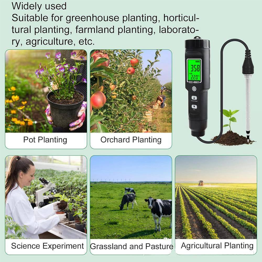 Digital Soil Tester LCD Backlight Display Soil EC Temperature Tester Portable Conductivity Meter for Hydroponics, Black