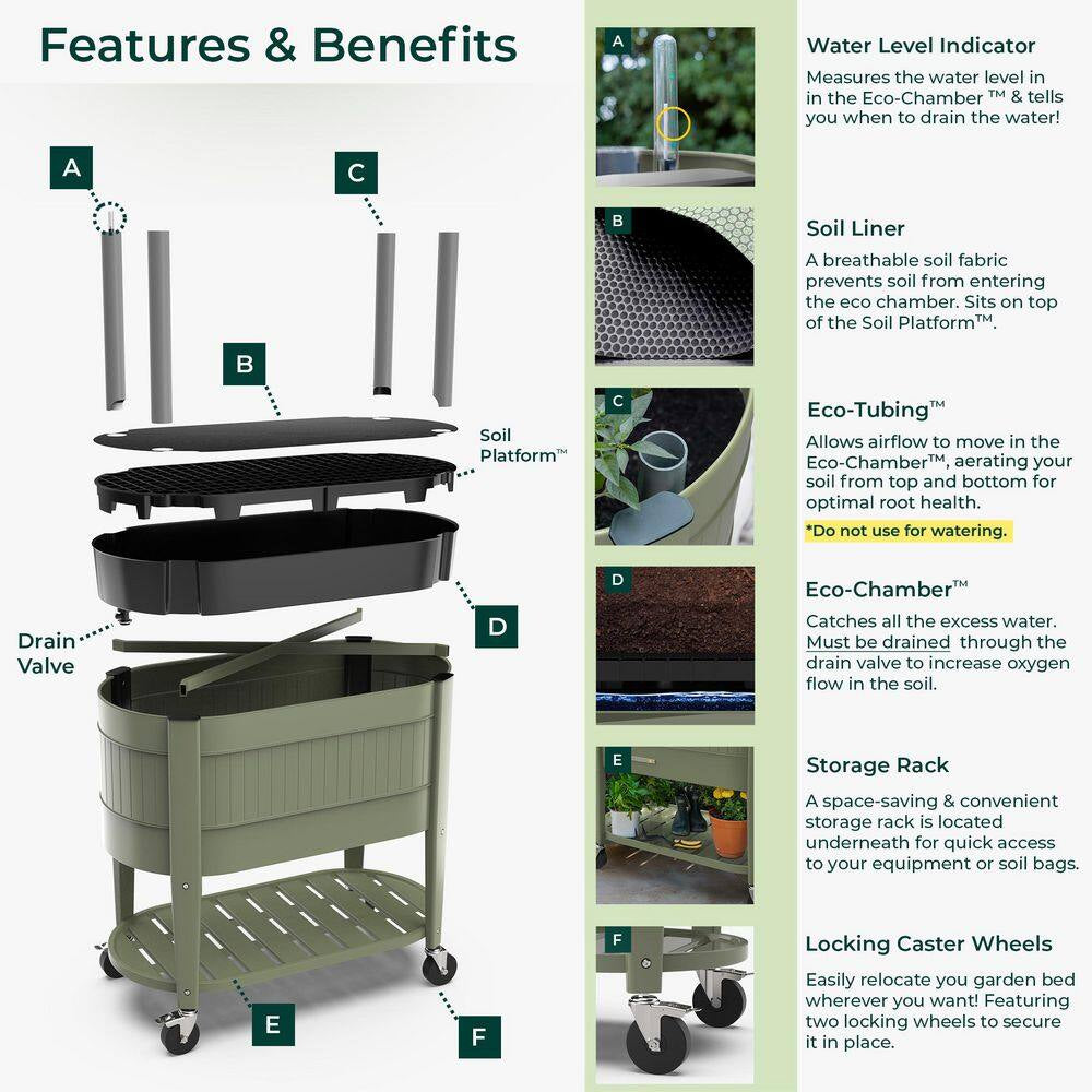 39 In. L X 19.25 In. W X 14.5 In. H Raised Steel Garden Bed with Engrow Truesoil Technology, Storage Shelf, Green