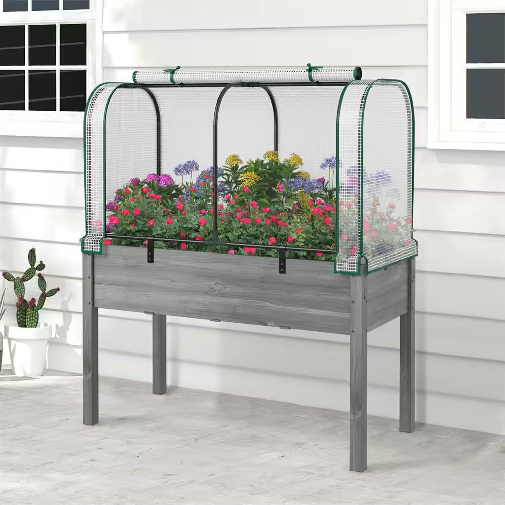 Fir Wood Raised Garden Bed with Greenhouse Waterproof Sun-Protective Green Hot House White+Grey