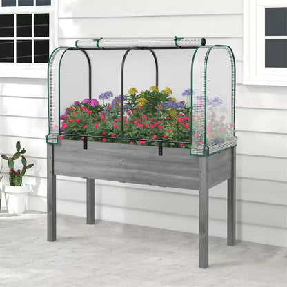 Fir Wood Raised Garden Bed with Greenhouse Waterproof Sun-Protective Green Hot House White+Grey