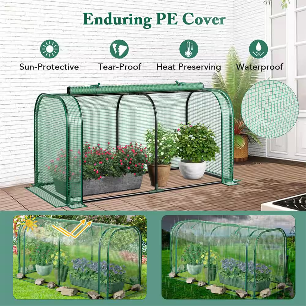 Fir Wood Raised Garden Bed with Greenhouse Waterproof Sun-Protective Green Hot House Green+Natural