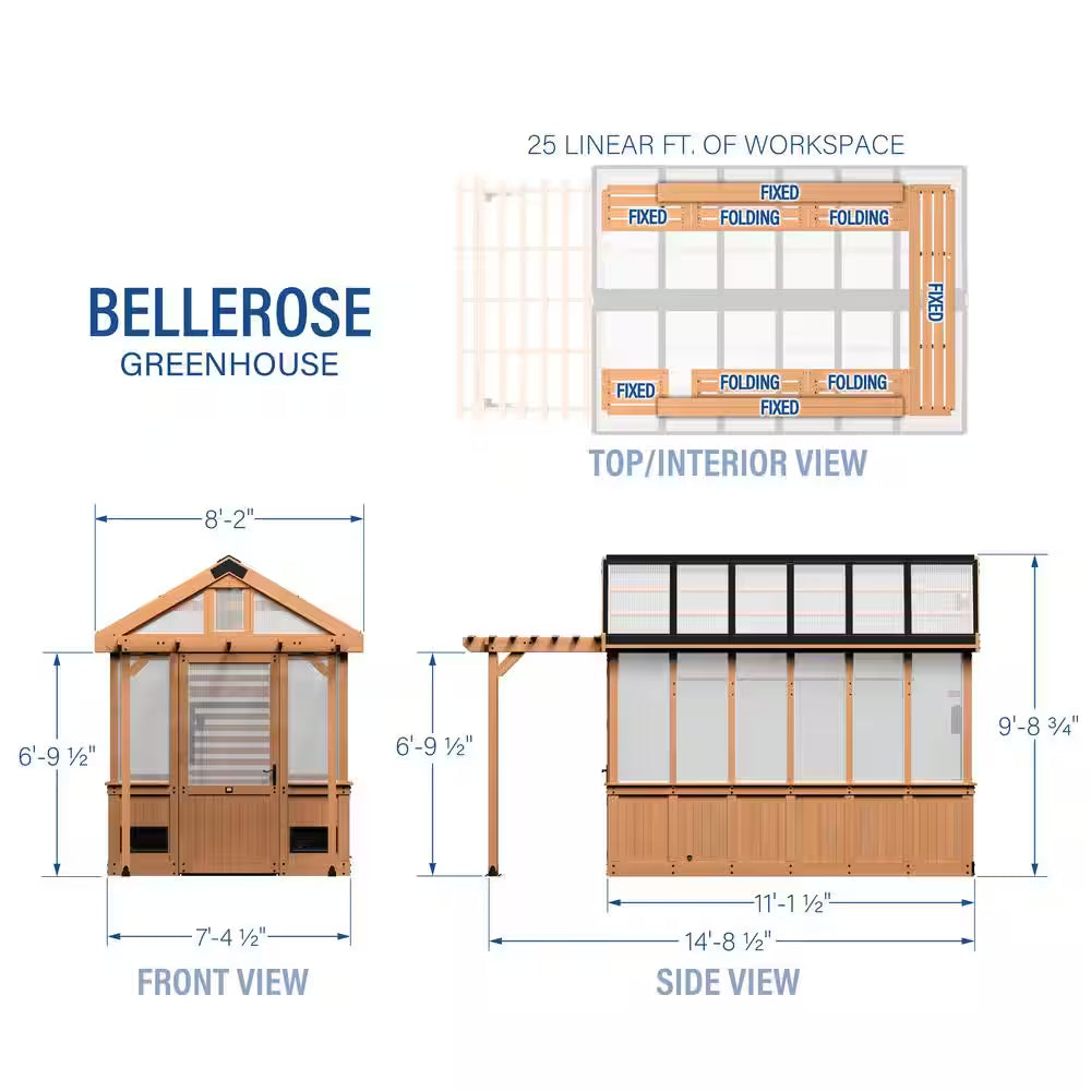 Bellerose 7.3 Ft. W X 14.75 Ft. L X 9.75 Ft. H All Cedar Greenhouse W/ Pergola and Temperature Activated Ventilation Fan