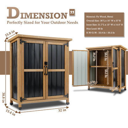 Outdoor Storage Cabinet Wood Storage Shed Waterproof Roof, Double Lockable Doors Garden Shed with Removable Shelves
