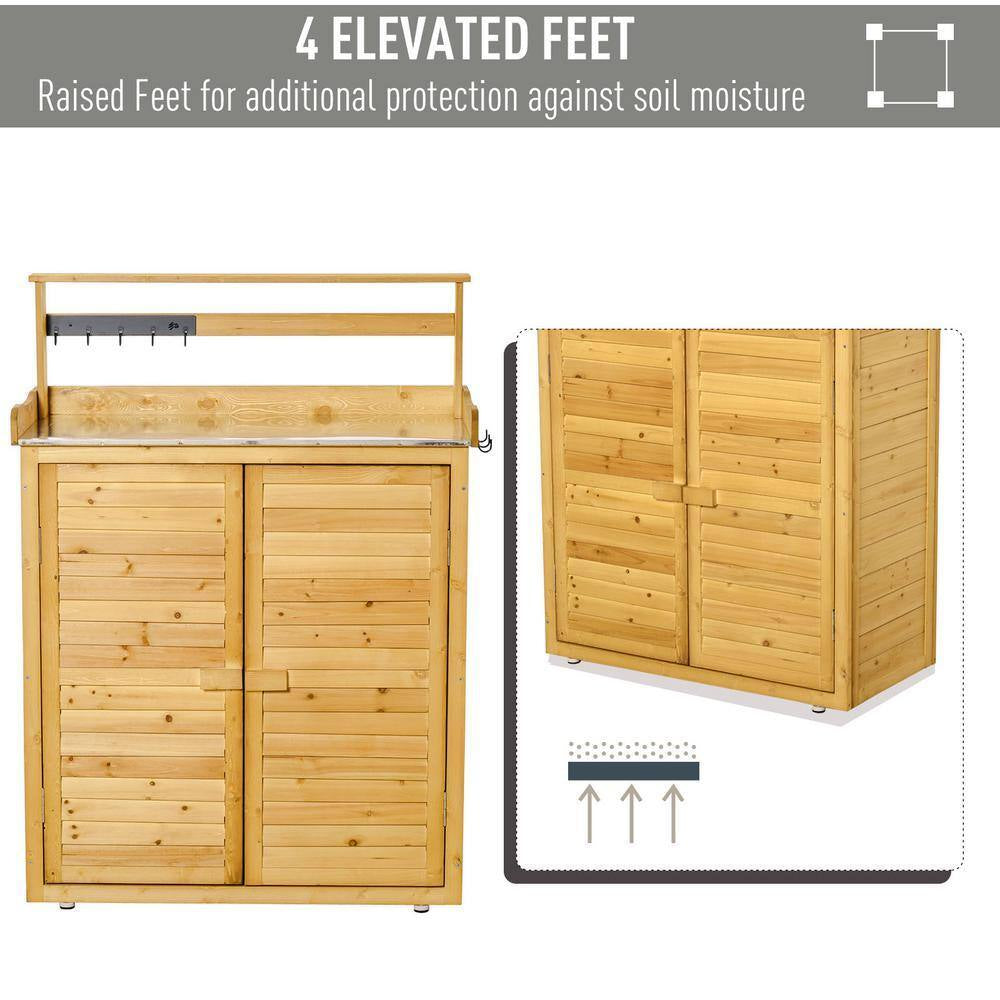Garden Potting Bench Table Wooden Workstation Shed with Tabletop, Hooks, 3-Tier Shelves Cabinet