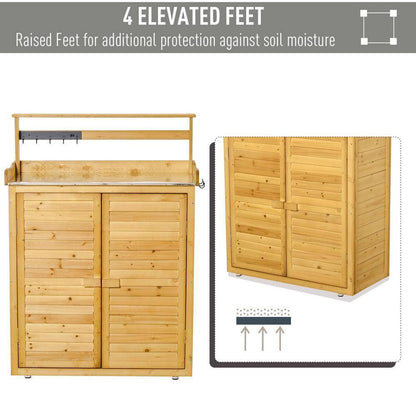 Garden Potting Bench Table Wooden Workstation Shed with Tabletop, Hooks, 3-Tier Shelves Cabinet