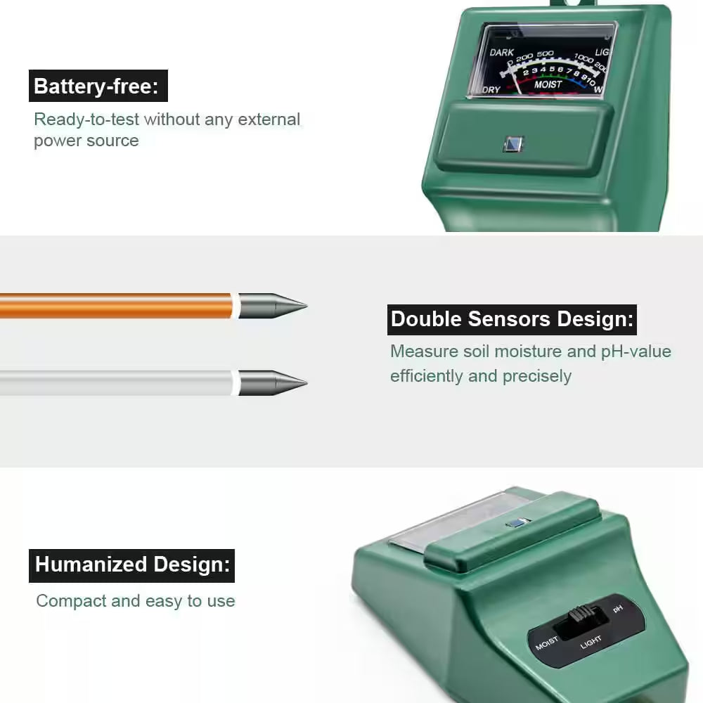 Green Soil Ph Tester with 3 in 1 Moisture Light Ph Test for Indoor and Outdoor Garden, Lawn, Farm, Use (1-Pack)