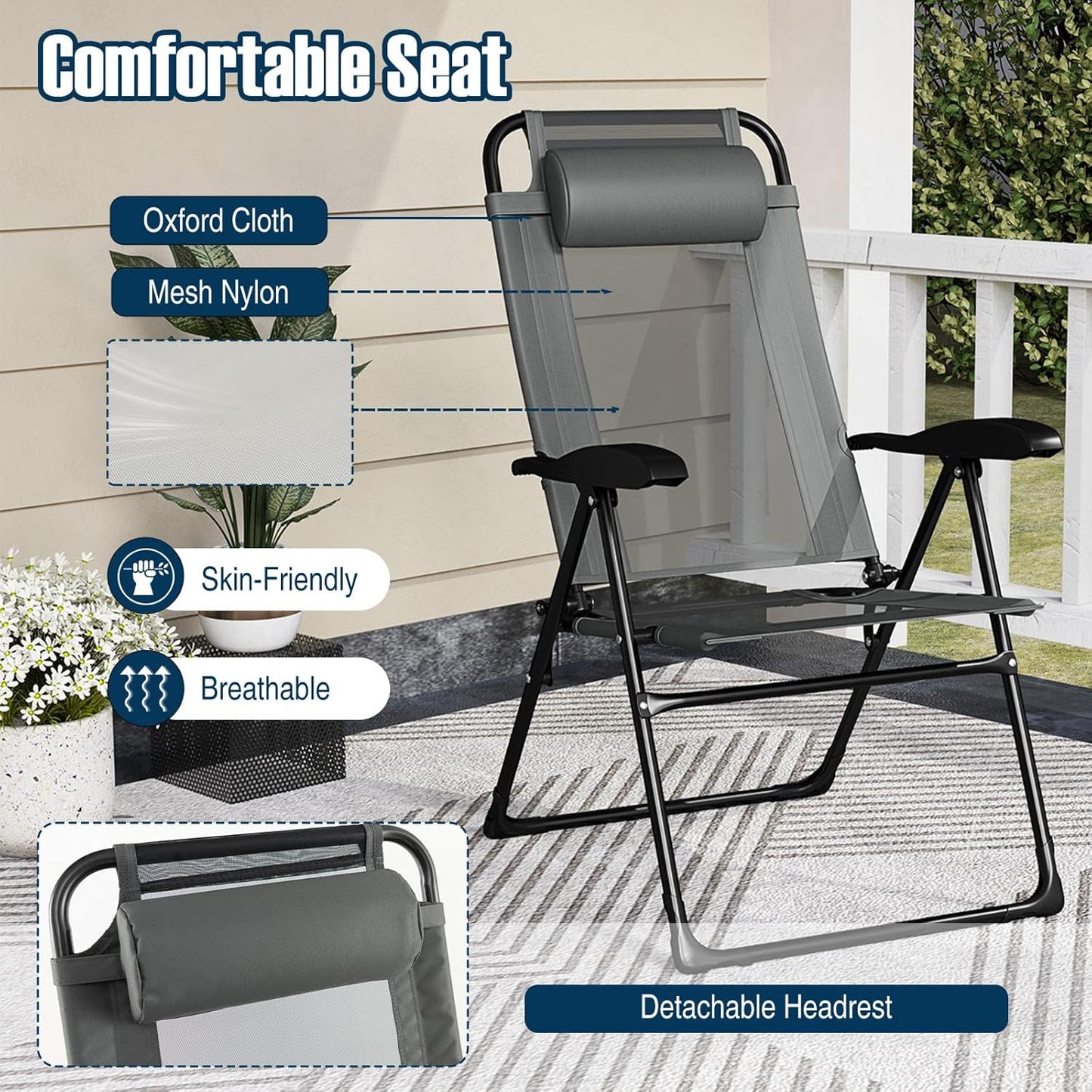 Set of 4 Patio Folding Chairs, Portable Outdoor Dining Chairs with 7-Level Adjustable Backrest, Headrest, Metal Frame, outside Recliner for Front Porch Camping Picnic Lawn Garden, Dark Gray