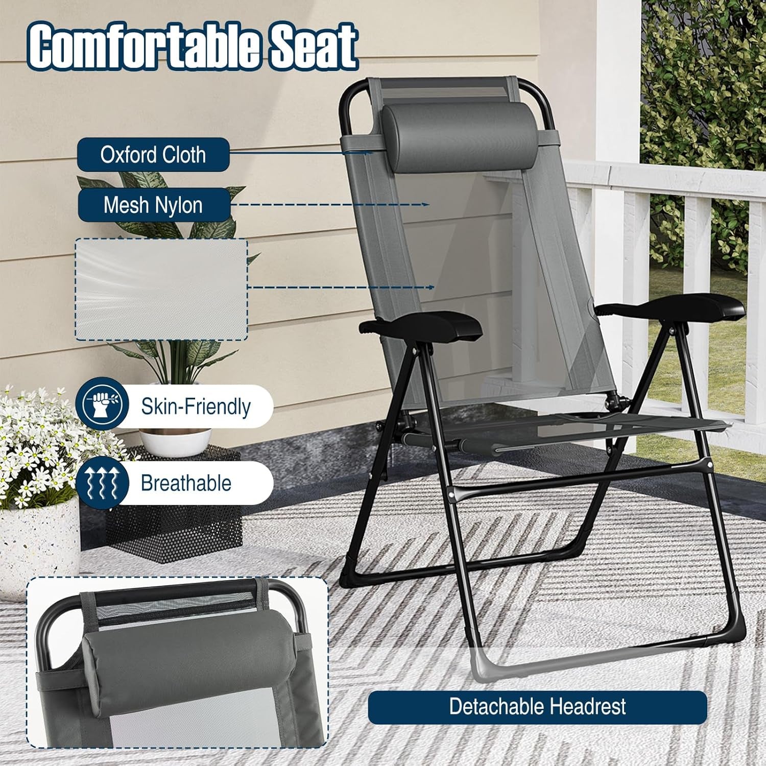 Set of 4 Patio Folding Chairs, Portable Outdoor Dining Chairs with 7-Level Adjustable Backrest, Headrest, Metal Frame, outside Recliner for Front Porch Camping Picnic Lawn Garden, Dark Gray