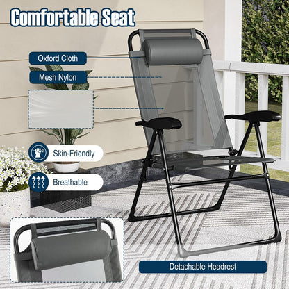 Set of 4 Patio Folding Chairs, Portable Outdoor Dining Chairs with 7-Level Adjustable Backrest, Headrest, Metal Frame, outside Recliner for Front Porch Camping Picnic Lawn Garden, Dark Gray