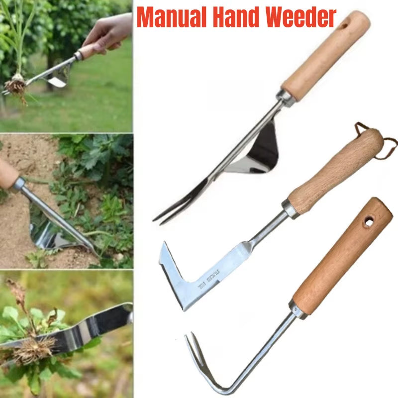 Stainless Steel Wood Handle Garden Weeder , Multifunction Weeder Transplant Garden Tool
