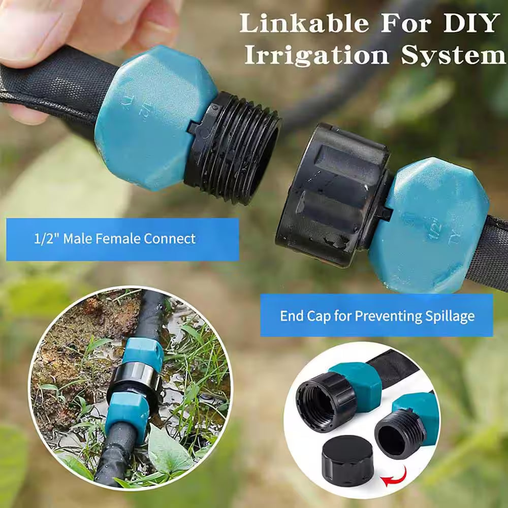 100 Ft. Flat Soaker Hose W/ Stakes for Garden, Linkable Drip Hose for DIY Irrigation System, Dual-Layer Leak-Free Design