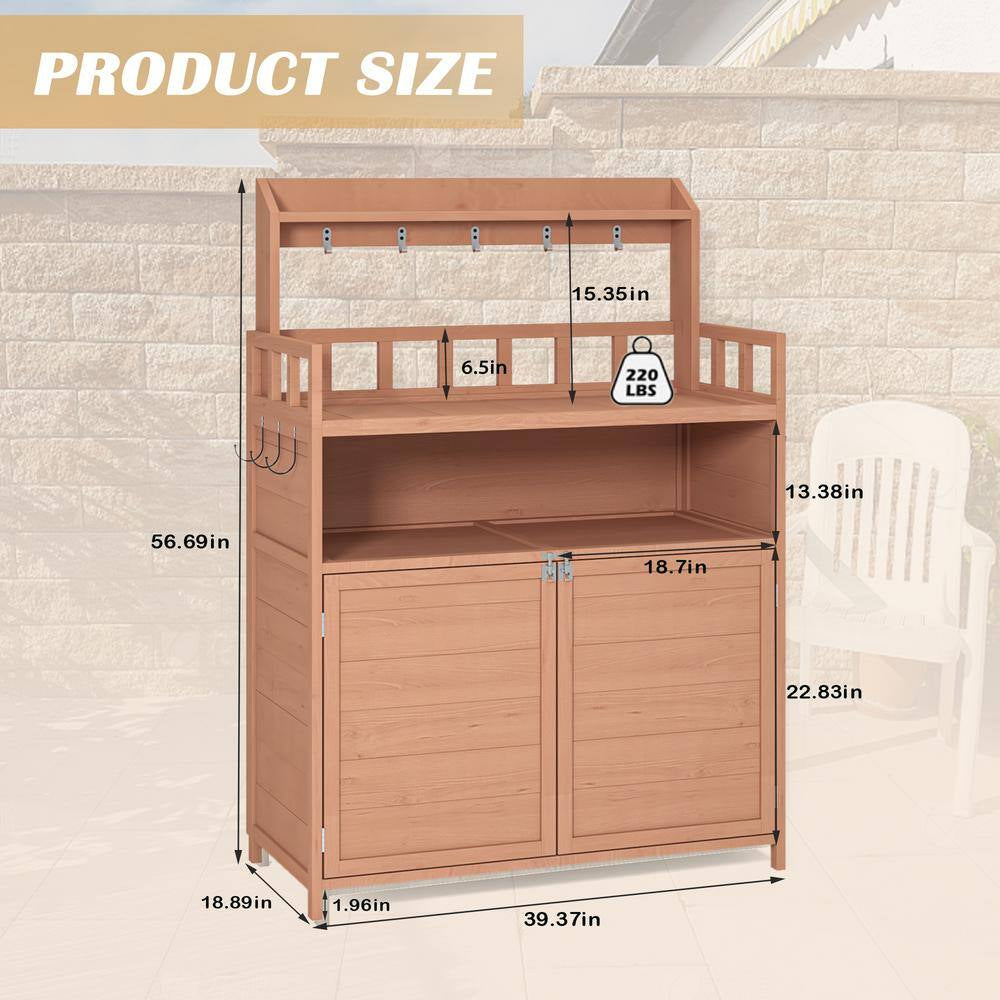 112 Gal. 55.12 In. H X 39.37 In. W X 18.90 In. D Brown Wooden Outdoor Storage Bench Table with Large Storage Cabinet